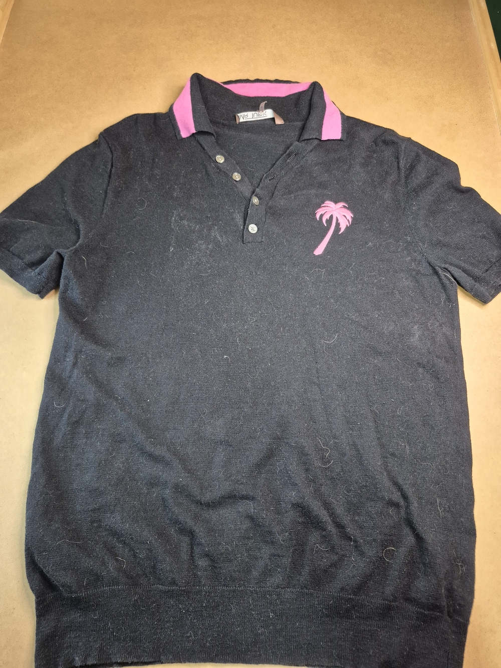 Men's V-Neck Black Sweater with Pink Trim and Palm Motif
